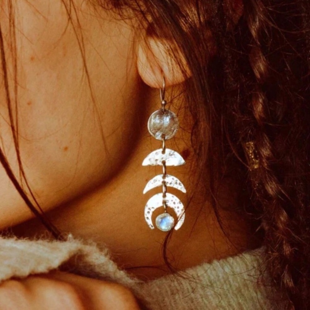 Boho Stainless Steel Antique Silver Tone Moon Drop Earrings
